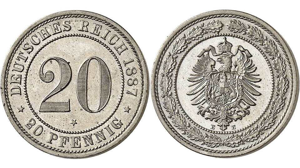 Los 3783. Deutsches Kaiserreich. 20 Pfennig 1887 E mit Stern. Höchster Preis für ein 20 Pfennig Stück des Deutschen Kaiserreiches.
