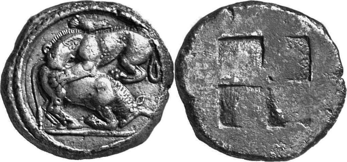 Akanthos, Tetradrachme, ca. 490 v. Chr. Ex Sammlung Henry Platt Hall (Auktion Glendining, 1950, 64). Aus Auktion Leu Zurich 77, 2000, 153.