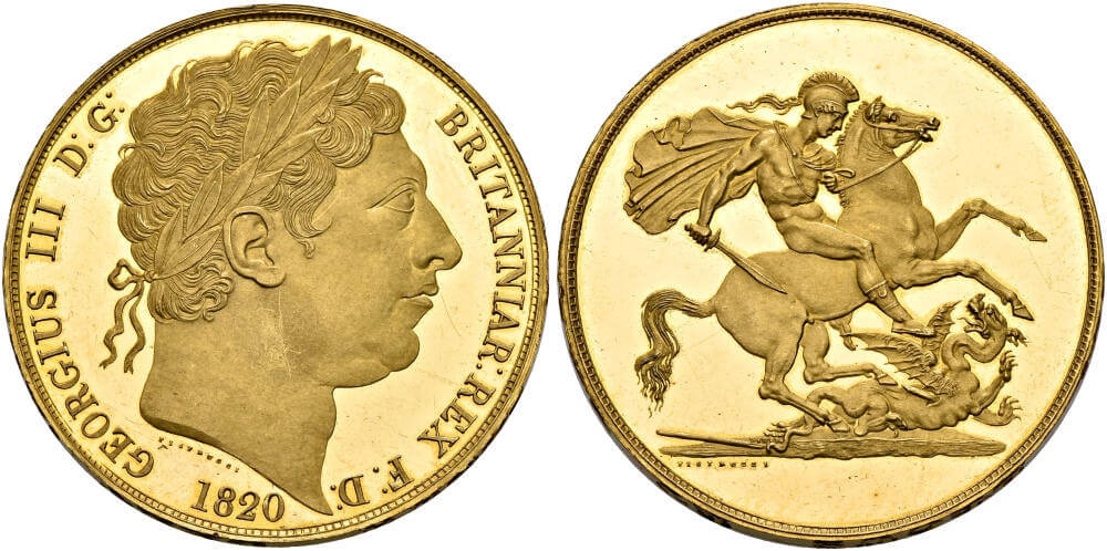 George III. Probe zu 5 Pounds 1820, London. New Coinage. Nur 25 Stück geprägt. NGC PF64*ULTRA CAMEO. Schätzung: 150.000,- CHF. Aus Auktion SINCONA 82 (15. Mai 2023), Nr. 1843.