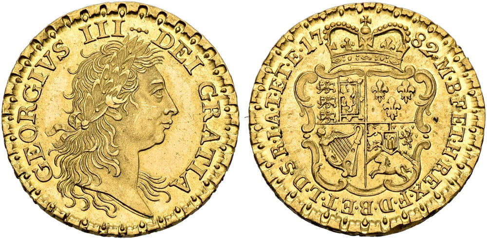 George III. Probe zur Guinea 1782, London. Äußerst selten. NGC PF64 CAMEO. Schätzung: 15.000,- CHF. Aus Auktion SINCONA 82 (15. Mai 2023), Nr. 1803.