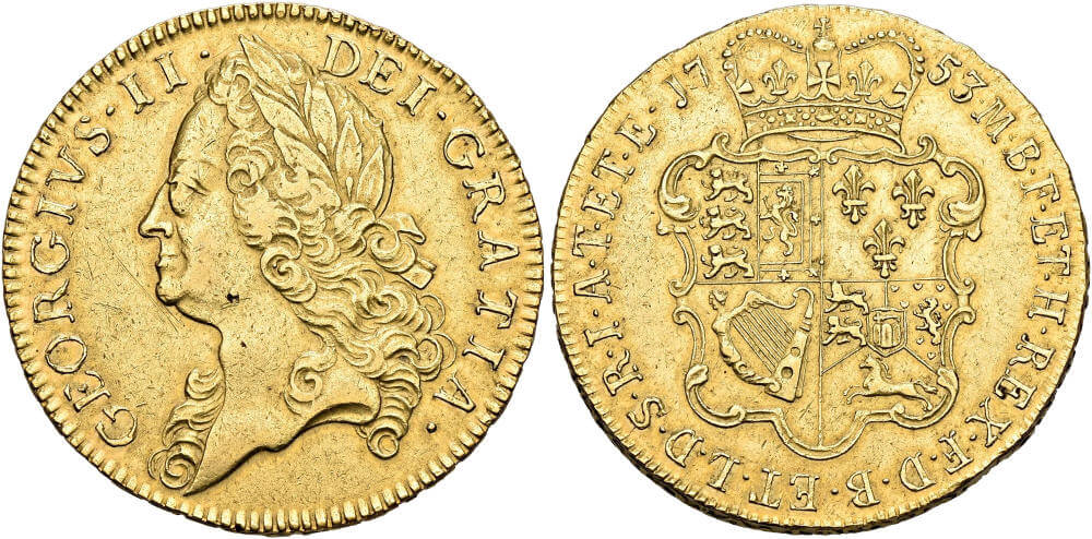 George II. 5 Guineas 1753, London. NGC AU53. Schätzung: 20.000,- CHF. Aus Auktion SINCONA 82 (15. Mai 2023, Nr. 1772.