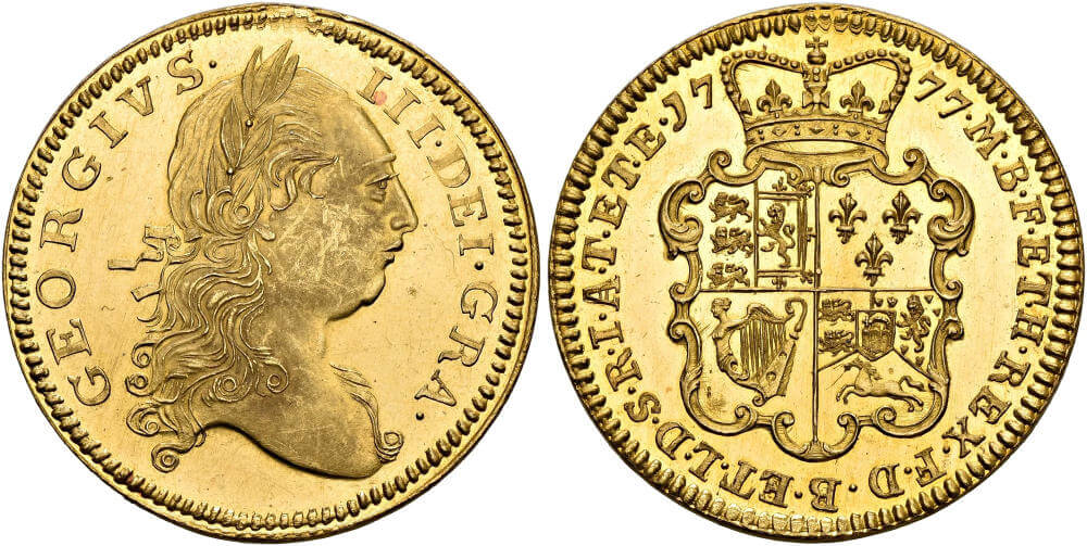 George III. Probe zu 2 Guineas 1777, London. Äußerst selten. NGC PF62 ULTRA CAMEO. Schätzung: 40.000,- CHF. Aus Auktion SINCONA 82 (15. Mai 2023), Nr. 1799.