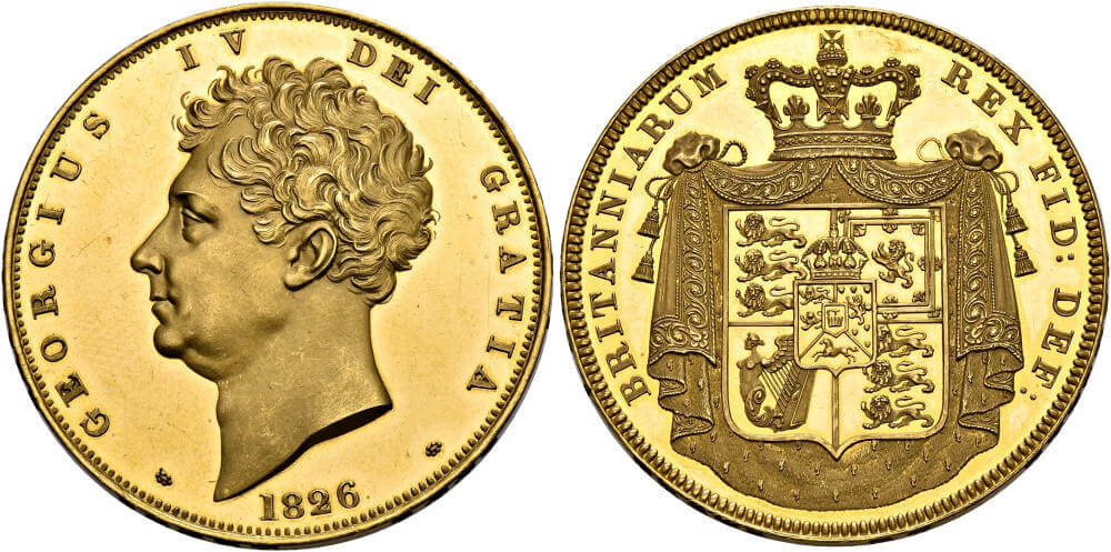 George IV. Proof 5 Pounds 1826, London. Sehr selten. NGC PF63 ULTRA CAMEO. Schätzung: 40.000,- CHF. Aus Auktion SINCONA 82 (15. Mai 2023), Nr. 1855.