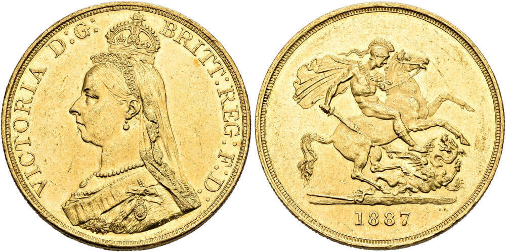 Victoria. 5 Pounds 1887, London. NGC MS61. Schätzung: 2.000,- CHF. Aus Auktion SINCONA 82 (15. Mai 2023), Nr. 1893.