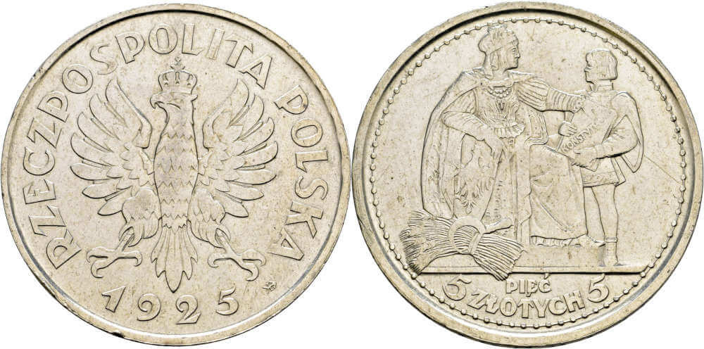 Los 2079: Polen. 1. Republik (1918-1939). 5 Zlotych 1925, Verfassung, Variante mit 81 Perlen. Sehr schön. Schätzpreis: 1.500 EUR. Zuschlag: 4.200 EUR.