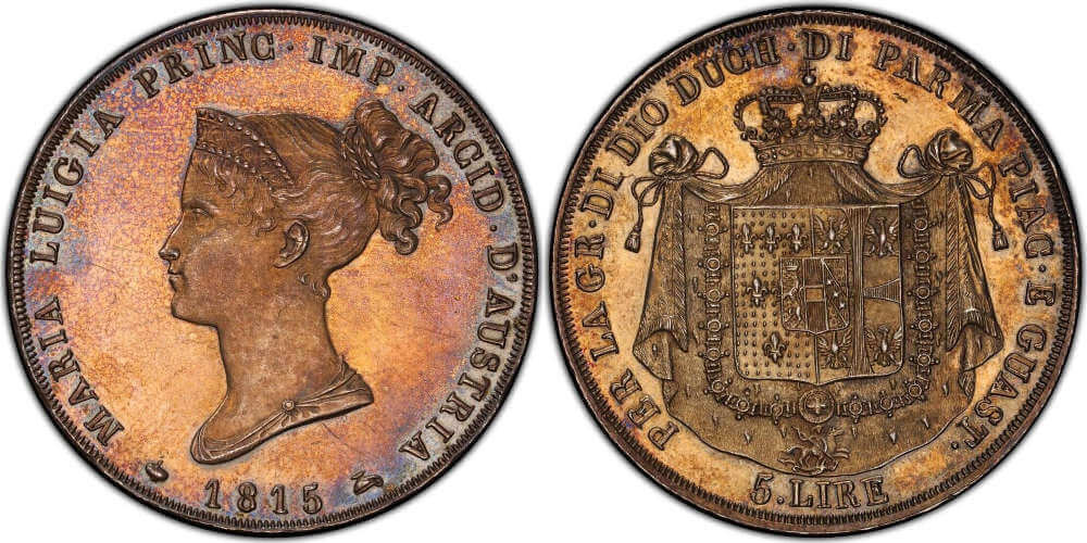 Italien, Parma. Marie Louise. 5 Lire, 1815. FDC. Lecoincollection. 4.500 EUR.