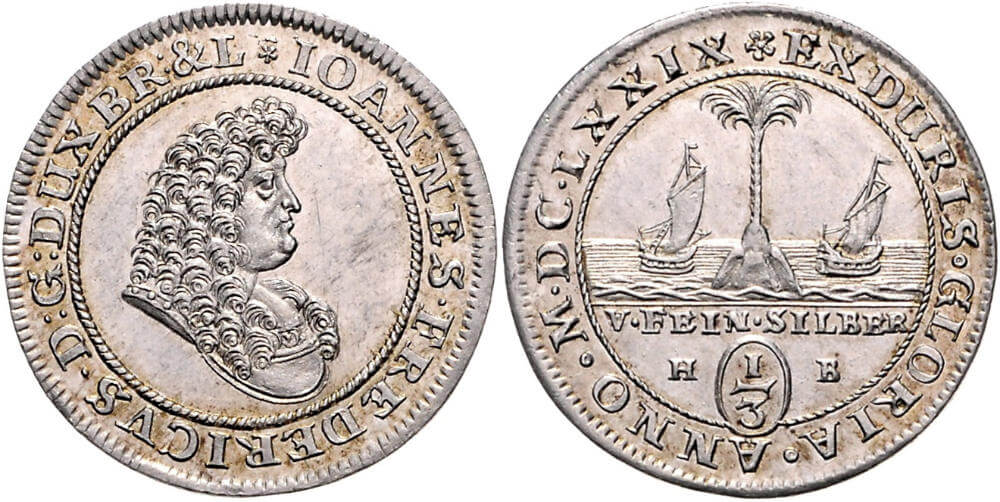 Los 122: Johann Friedrich 1665-1679. 1/3 Palmbaumtaler 1679 mit römischer Jahreszahl. Prachtexemplar. f.st. Mindestgebot: 460 EUR.