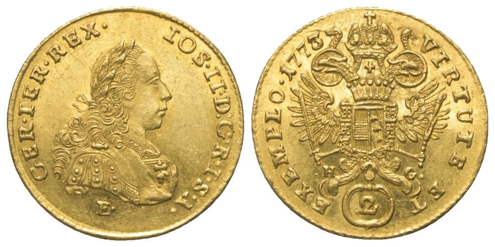  Los 1261: Habsburger. Joseph II. 2 Dukaten 1773 E, Karlsburg. Schätzpreis: 1.600 EUR.