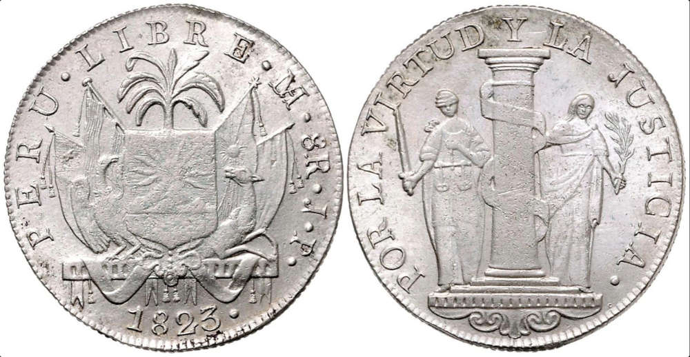 Los 1308: Peru, Republik. 8 Reales 1823 LIMA JP, Lima. Ss. Schätzpreis: 150 EUR. Zuschlag: 4.200 EUR.