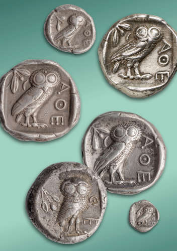 Münzen Athens, 6./5. Jh. v. Chr., aus den drei Sammlungen, Fotos: UMJ/N. Lackner; Lübke + Wiedemann/B. Seifert.