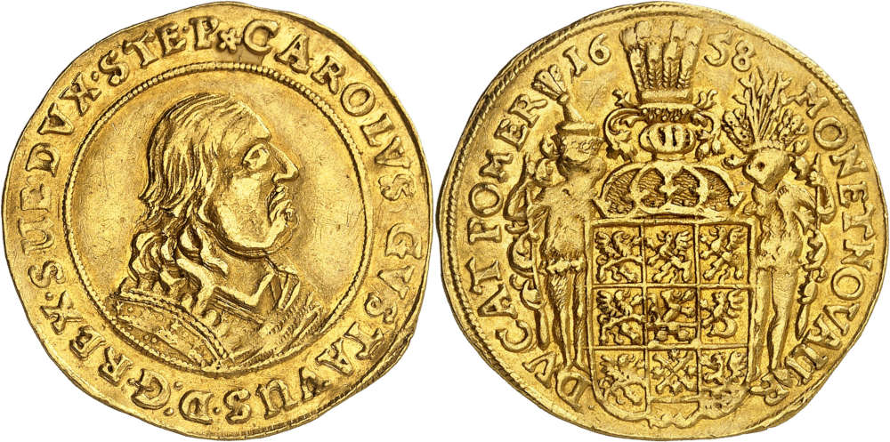 No. 12: Sweden / Pomerania. Charles X Gustav, 1654-1660. 2 ducats 1658, Stettin. From the Gunnar Ekström Collection, part 8, Ahlström auction 35 (1987), No. 161. Very rare. Very fine +. Estimate: 10,000 euros.