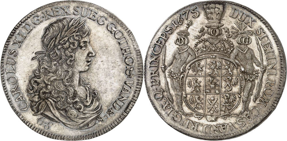 No. 15: Sweden / Pomerania. Charles XI, 1660-1697. 1675 Reichstaler, Stettin. From the Gunnar Ekström Collection, part 8, Ahlström auction 35 (1987), No. 225 and Carl Pogge Coll., L. & L. Hamburger auction 36 (1903), No. 1186. Extremely rare. Extremely fine to FDC. Estimate: 15,000 euros.