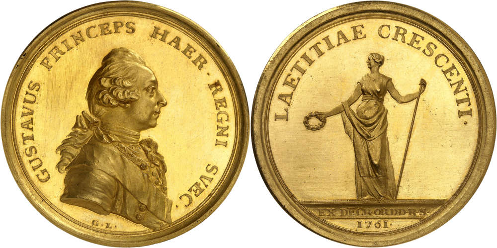 No. 19: Gustav III, 1771-1792. Gold medal of 27 ducats 1761, celebrating his 16th birthday, by Gustav Ljungberger. From the Gunnar Ekström Collection, part 8, Ahlström auction 35 (1987), No. 495 and the Grand Duke Frederick Augustus of Oldenburg Collection, Riechmann & Co. auction 26 (1924), No. 50. Very rare. Extremely fine to FDC. Estimate: 20,000 euros.