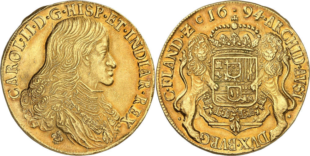 No. 42: Belgium. Charles II of Spain, 1665-1700. 8 souverains d’or (ducaton d’or), 1694, Bruges. From the Caballero de las Indias Collection, part 2, Aureo & Calico auction 218 (2009), No. 950. Only 639 specimens minted. Extremely fine. Estimate: 60,000 euros.
