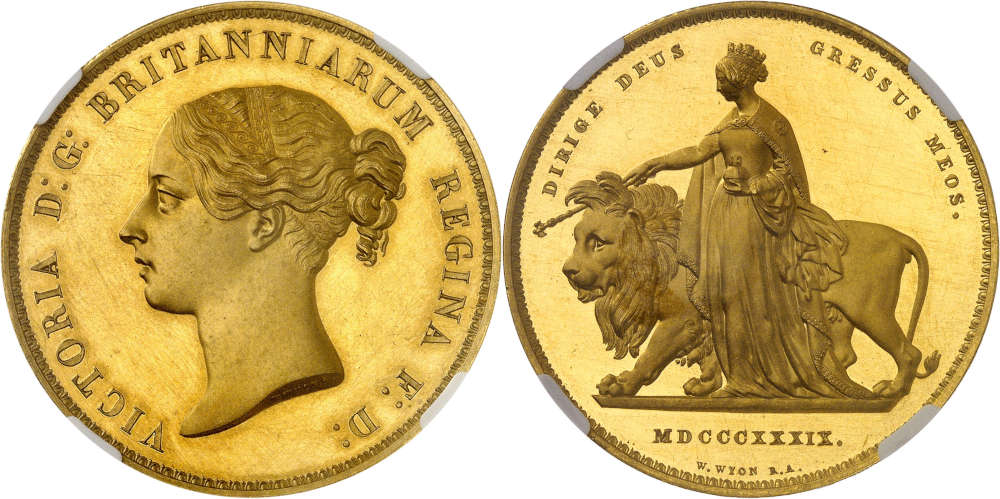 Nr. 127: Großbritannien. Victoria, 1837-1901. 5 Pounds 1839, London „Una and the Lion“. Sehr selten. NGC PF61 CAMEO. Polierte Platte, minimal berührt. Taxe: 100.000,- Euro.