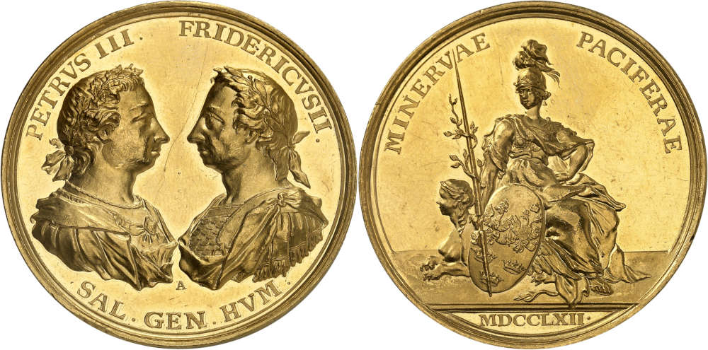 Nr. 182: Russland. Peter III., 1762. Goldmedaille 1762 auf den Frieden von Hamburg zwischen Preußen, Russland und Schweden. Wohl das einzige Exemplar in Privatbesitz. Vorzüglich bis Stempelglanz. Taxe: 100.000,- Euro.