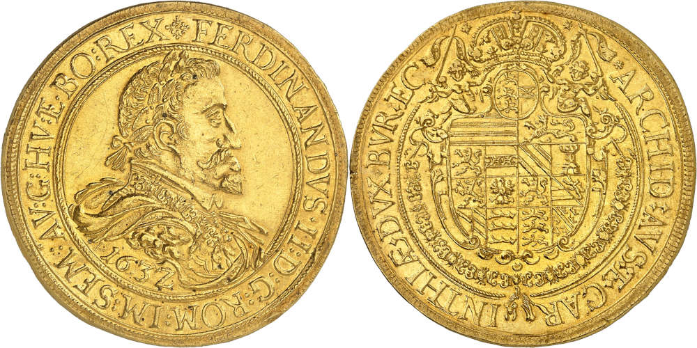 No. 293: Holy Roman Empire. Ferdinand II, 1592-1618-1637. 10 ducats 1632, St Veit. From the Kroisos Collection, Stack’s auction (2010), No. 483. Extremely rare. Extremely fine. Estimate: 125,000 euros.