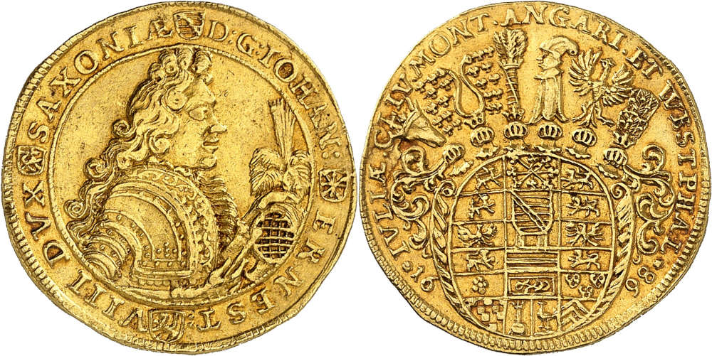Nr. 482: Sachsen-Coburg-Saalfeld. Johann Ernst VIII., 1680-1729. 2 Dukaten 1698, Saalfeld. Einziges bekanntes Exemplar. Sehr schön bis vorzüglich. Taxe: 30.000,- Euro.