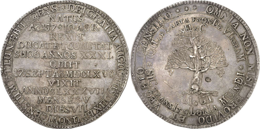No. 944: Brunswick. Augustus the Younger, 1635-1666. Löser of 5 reichstalers 1666, commemorating his death, Zellerfeld. From the Popken Collection. About extremely fine. Estimate: 40,000 euros.