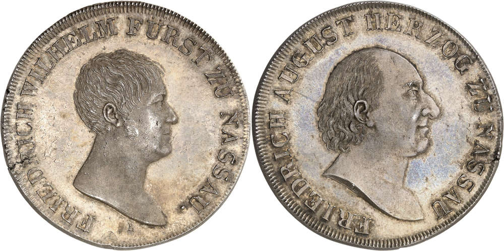 Nr. 1599: Nassau. Friedrich Wilhelm zu Weilburg, 1806-1816. Konventionstaler o. J. (1815), auf den Münzbesuch in Ehrenbreitstein. Zwitterprägung. Äußerst selten. Stempelglanz. Taxe: 25.000,- Euro.