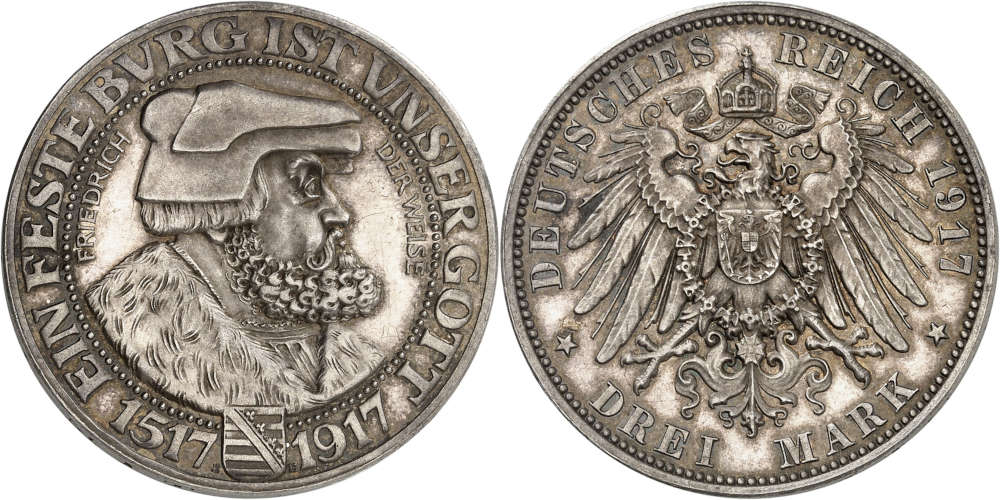 Nr. 1798: Deutsches Kaiserreich. Sachsen. 3 Mark 1917. Friedrich der Weise. Seltenste deutsche Reichssilbermünze. Polierte Platte. Taxe: 100.000,- Euro.