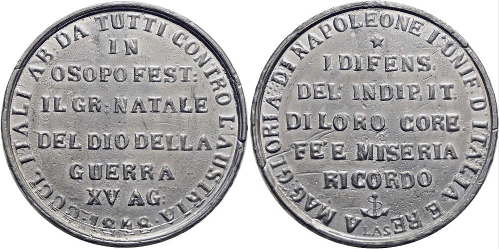 Los 806: Medals, Italy, Kingdom of Lombardy-Veneto, Revolution 1848. Lead Cast Medal 1848. By Leonardo Andervolti, for the victory of the Italians against the Austrian troops at Osoppo. Of the utmost rarity! XF Estimate: 4,000 EUR.