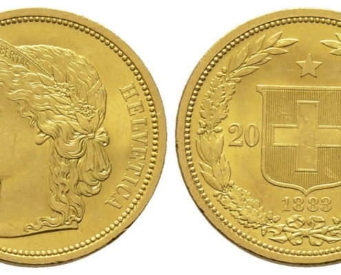 20 Franken 1883: Die erste Goldmünze der Schweiz. Aus Auktion Künker eLive 54-2019-855. CoCo CH-1883-0001.