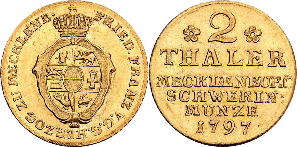No. 2249: Mecklenburg. Frederick Francis I, 1785-1837. 2 talers 1797, Schwerin. Extremely fine. Estimate: 750 euros.