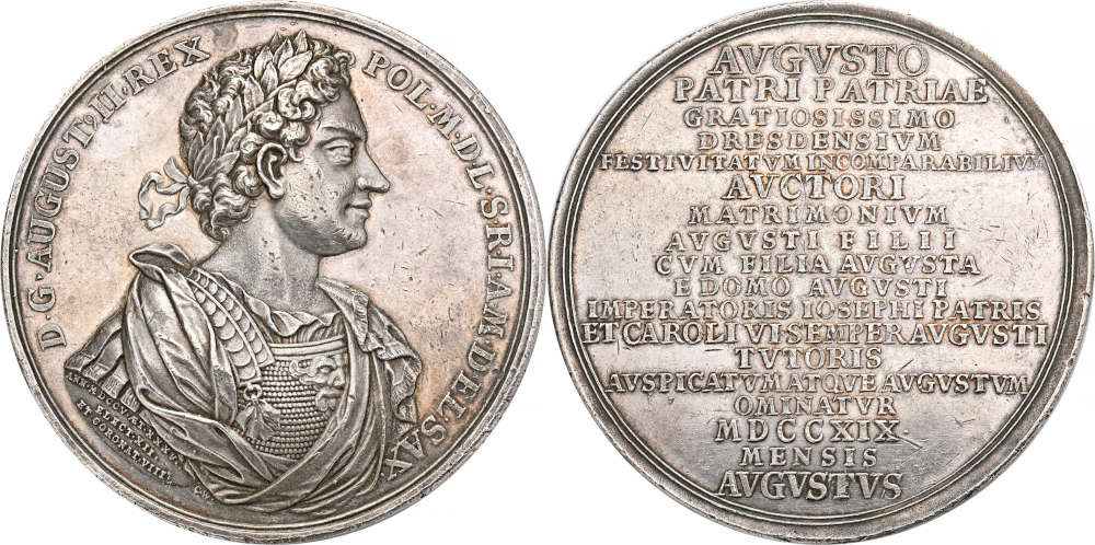 No. 2421: Saxony. Frederick Augustus I, 1694-1733 (Augustus the Strong). Silver medal by Chr. Wermuth, commemorating his son’s wedding in 1719. Very rare. About extremely fine. Estimate: 2,500 euros.