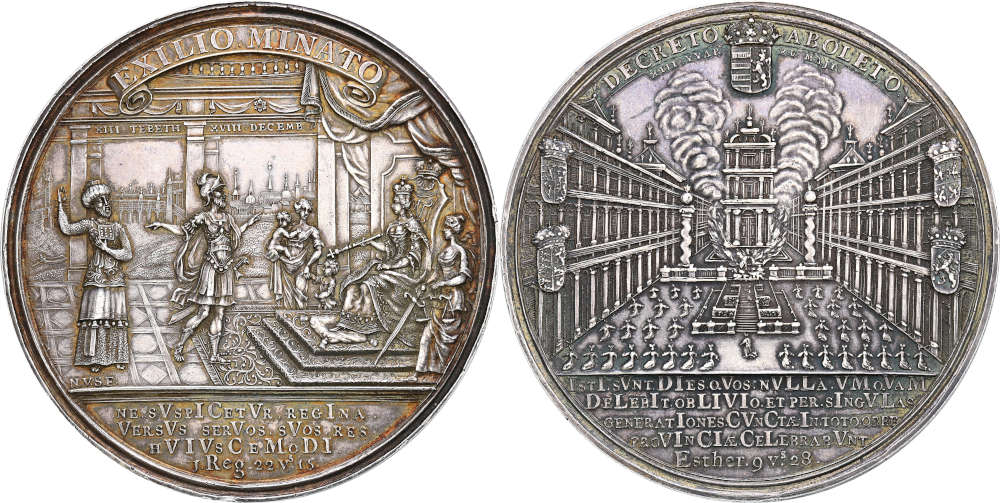 No. 2674: Habsburg hereditary lands. 1745 silver medal on the expulsion of the Jews form Bohemia and the successful protest against it, minted on behalf of the Jewish communities of Amsterdam, Rotterdam and The Hague. In silver probably the only specimen on the market. Extremely fine. Estimate: 20,000 euros.