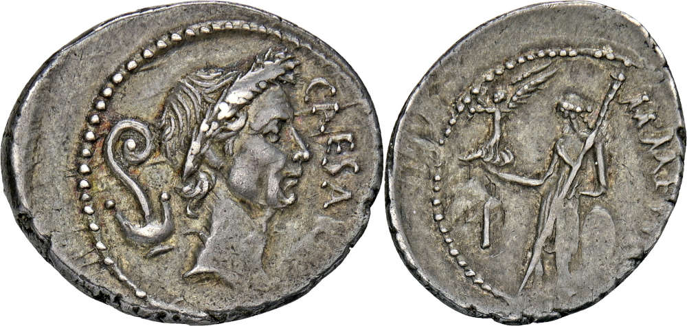 No. 3065: Roman Republic. Caesar. M. Mettius. Denarius, 44, Rome. Very rare. About extremely fine. Estimate: 2,000 euros.