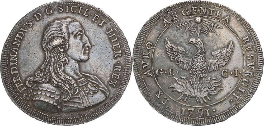 No. 3618: Sicily. Ferdinand III, 1759-1816. Oncia (30 tari) 1791, Palermo. Rare. Very fine to extremely fine. Estimate: 3,000 euros.