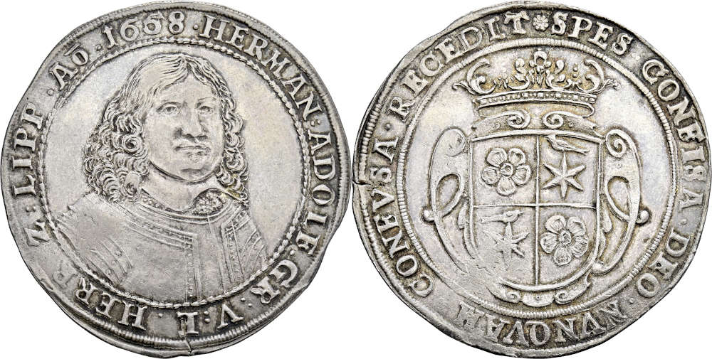 No. 3946: German States / Lippe. Hermann Adolf, 1652-1666. Reichstaler 1658 (minted in 1659), Detmold. Rare. Extremely fine. Estimate: 2,000 euros.