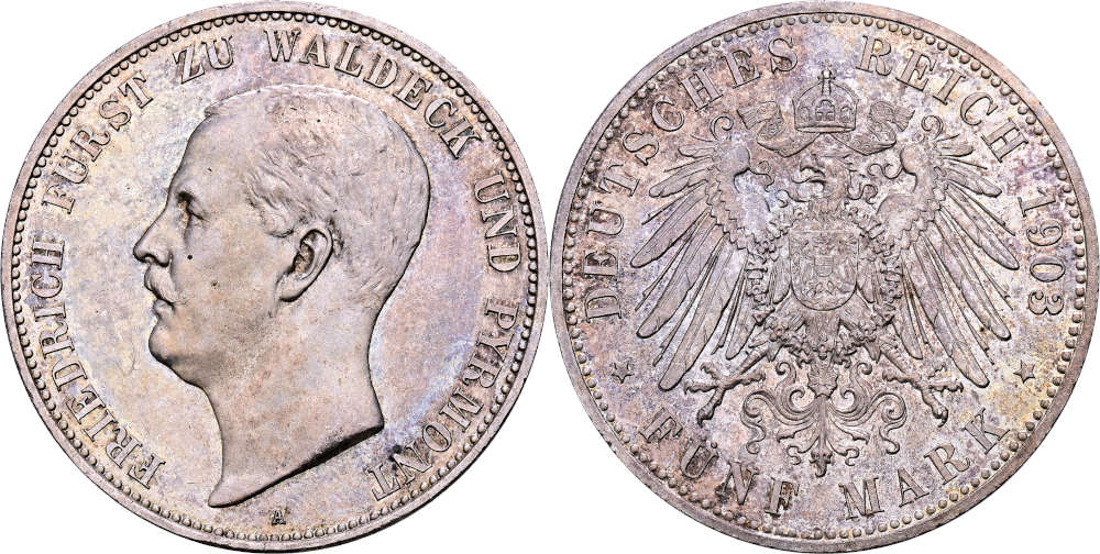 No. 4122: German Empire. Waldeck-Pyrmont. 5 marks 1903. Extremely fine to FDC. Estimate: 2,000 euros.