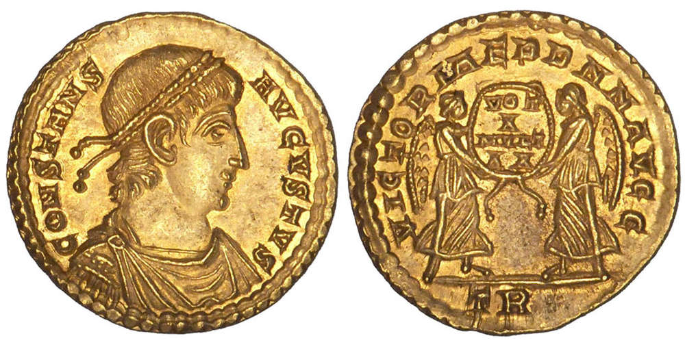 ID QQSSU: Roman Empire. Constans, 337-350. Solidus, Trier, 4.44g. Mint state.