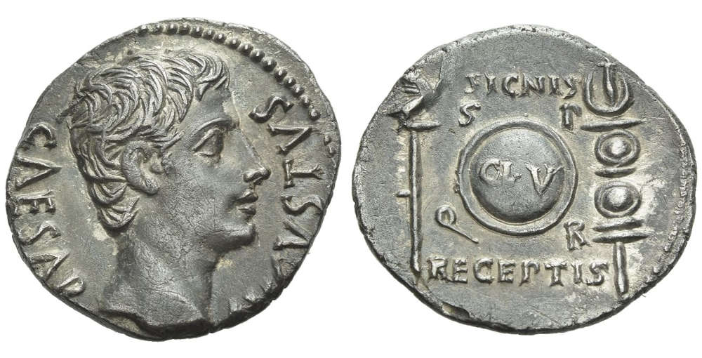 ID ICGFO: Roman Empire. Octavian as Augustus 27 BC–AD 14- Denarius, Colonia Patricia ca. 19 BC, AR 3.45 g. Toned and about extremely fine.