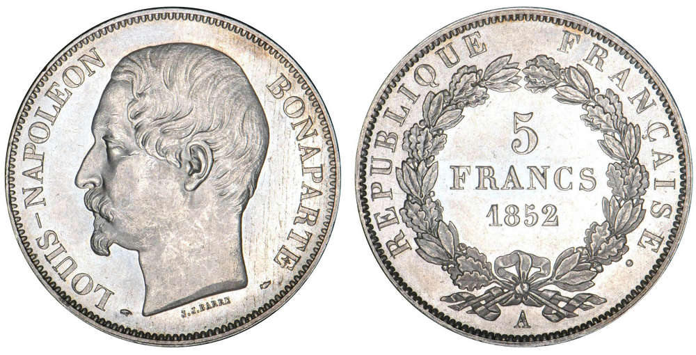 ID SDMRH: France. Louis-Napoleon Bonaparte, President (1848-1852). 5 Francs 1852 A Paris; 25.08g. Second trial strike by J. J. Barre. Very rare. Mint state.