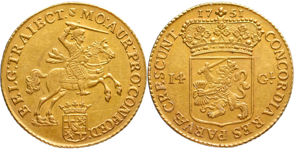 ID QPIY1: Netherlands. Gold Rider Utrecht 1751; 9.93 g; 28.0 mm. Extremely Fine.