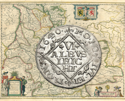 Eine Karte des Herzogtums Jülich-Berg von Willem und Joan Blaeu, 1645, davor die Wertseite des neuentdeckten Nominals, eines 6 Albus leicht von 1640.