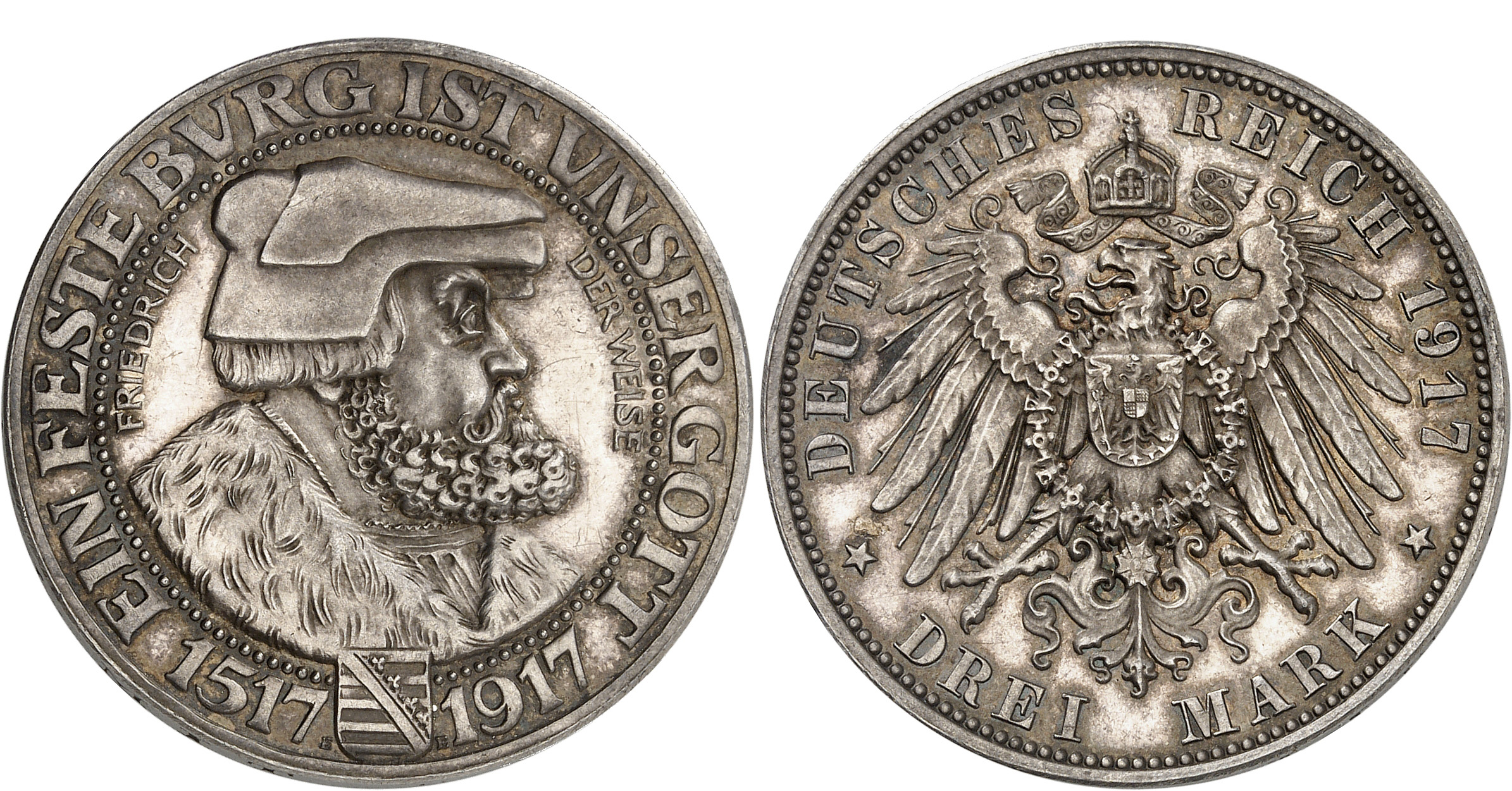 Nr. 1798: Deutsches Kaiserreich. Sachsen. 3 Mark 1917. Friedrich der Weise. Seltenste deutsche Reichssilbermünze. Polierte Platte. Taxe: 100.000,- Euro. Zuschlag: 110.000,- Euro.