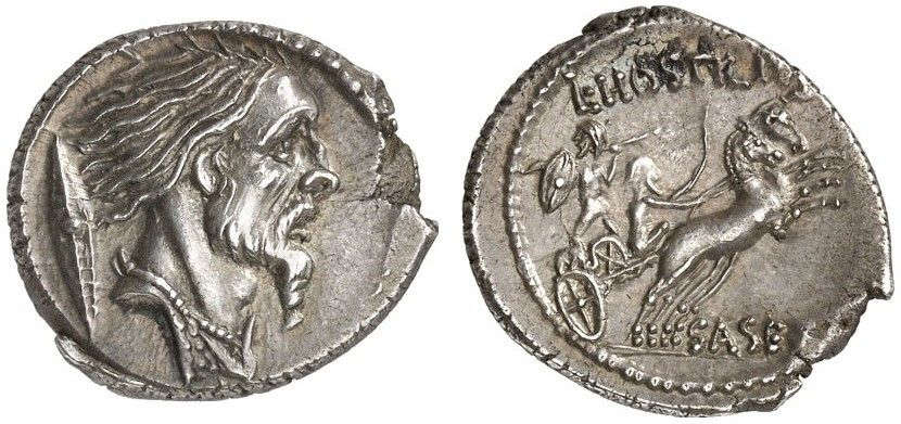 Denarius by Caesar from 48 BC. It depicts the portrait of a Gaul, who is erroneously described as Vercingetorix in many auction catalogues. In fact, it is merely a symbolic figure for some Gallic warrior. Caesar wanted to show his peers what threatening warriors he had to face in the Gallic War. From Künker auction 257 (2014), lot No. 8829.