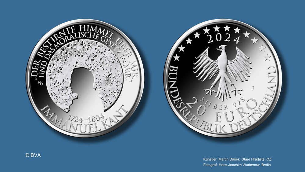Die neue 20-Euro-Sammlermünze auf Immanuel Kants 300. Geburtstag. Foto: © BVA, Fotograf: Hans-Joachim Wuthenow, Berlin. Künstler: Martin Dasek, Stare Hradiste, CZ.