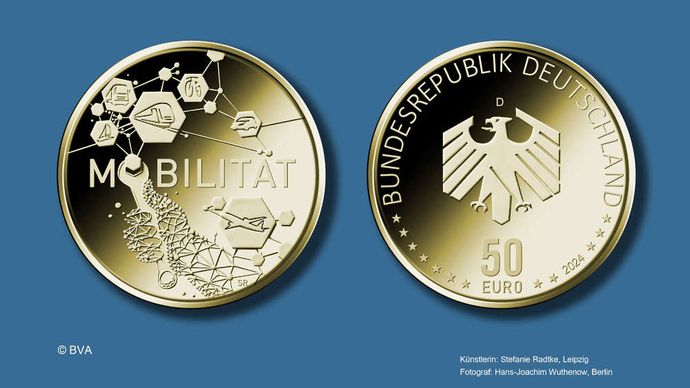 Die neue 50-Euro-Münze „Mobilität“ in Gold wird 2024 ausgegeben werden. Foto: © BVA, Fotograf: Hans-Joachim Wuthenow, Berlin. Künstlerin: Stefanie Radtke, Leipzig.