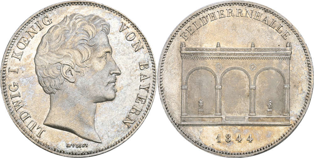Nr. 3836: Bayern. Ludwig I., 1825-1848. Vereinsdoppeltaler 1844. Feldherrnhalle. Fast Stempelglanz. Taxe: 300,- Euro. Zuschlag: 3.600,- Euro.