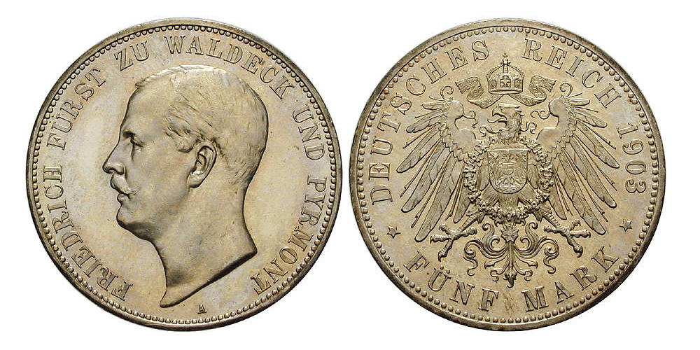 Nr. 93588: Deutsches Kaiserreich. Waldeck-Pyrmont. Friedrich (1892-1918). 5 Mark, 1903, A. Schöne golden schimmernde Tönung. leicht berieben, kleine Kratzer, PP. Verkaufspreis: 7.250 EUR.