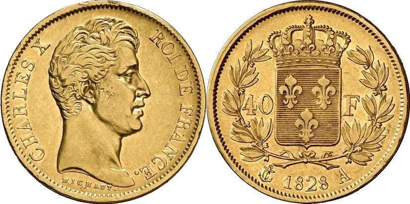 Kingdom of France. Charles X (1824–1830). 40 francs, 1828, Paris. Gold. From Gorny & Mosch auction 171 (2008), lot No. 4630.