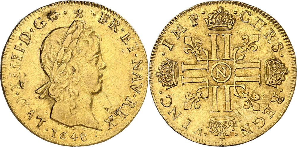 Nr. 88: Frankreich. Ludwig XIV., 1643-1715. Double louis d‘or à la mèche longue 1648, N, Montpellier. Sehr selten. Sehr schön. Taxe: 7.500 Euro.