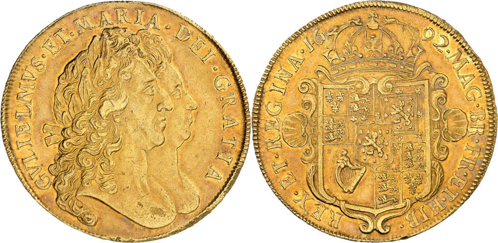 Nr. 264: Großbritannien. William III. und Mary, 1688-1694. 5 Guineas 1692, London. Sehr selten. Vorzüglich. Taxe: 20.000 Euro.