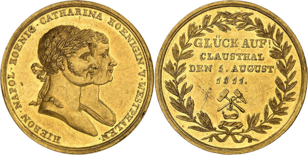 No. 961: Westphalia. Hieronymus Napoleon, 1807-1813. Gold medal of 12 ducats, commemorating the visit of the royal couple to the Clausthal mines in 1811, by W. Körner. Very rare. Extremely fine. Estimate: 7,500 euros.