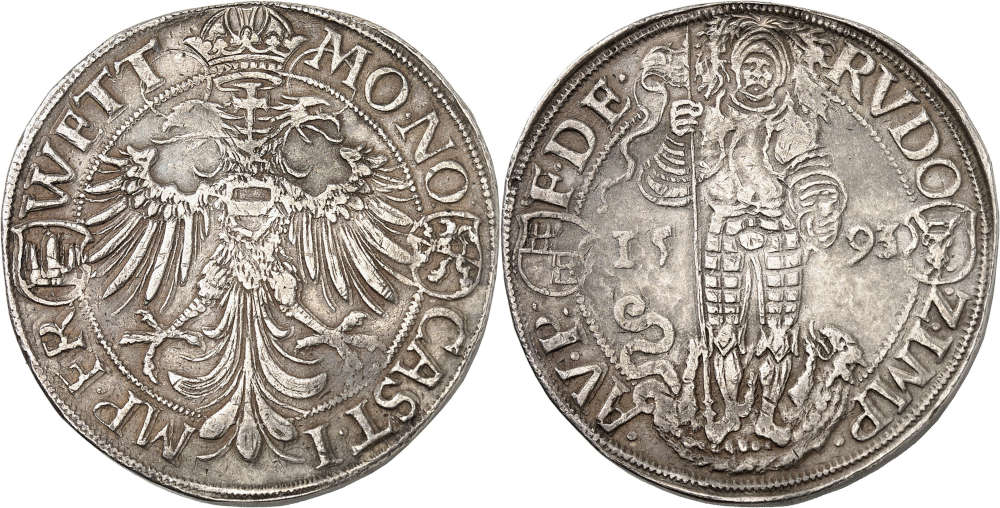Nr. 2484: Friedberg. Johann Eberhard von Kronberg, 1577-1617. Doppelter Reichstaler 1593, Friedberg. Vermutlich Unikum. Winzige Henkelspur. Sehr schön. Taxe: 20.000 Euro.